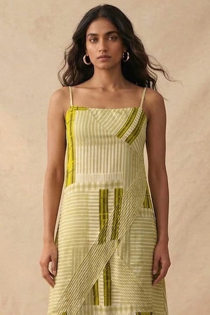 Green Cotton Satin Printed Summer Dress by Vedika M at Pernia's Pop Up Shop