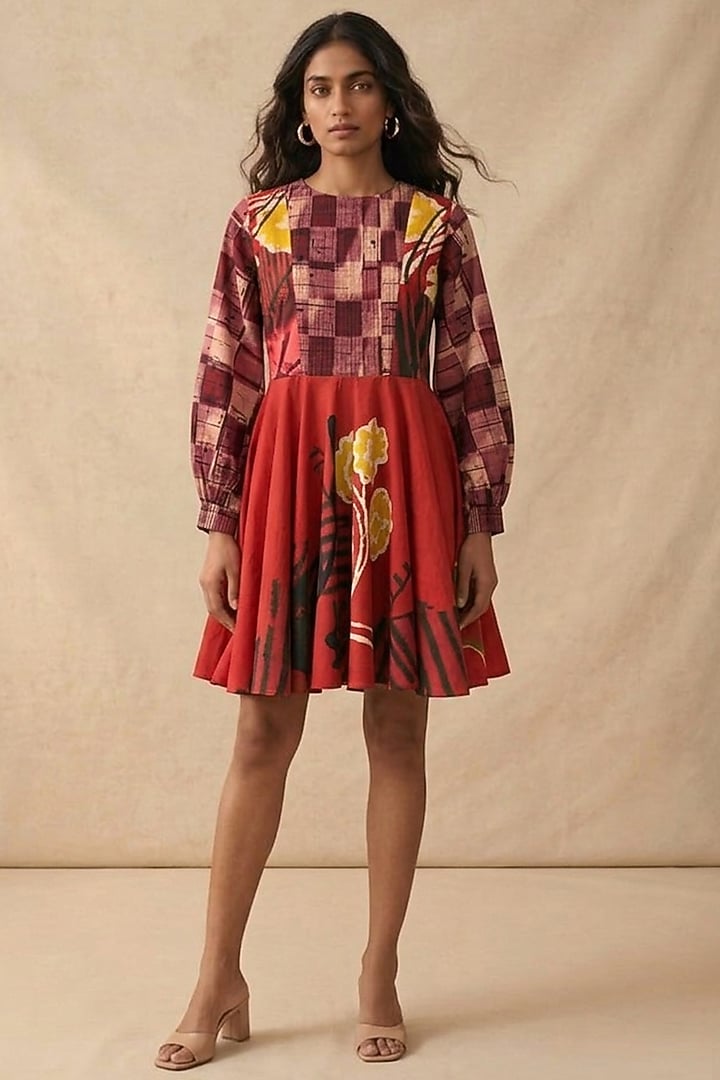 Red Cotton Printed Summer Dress by Vedika M at Pernia's Pop Up Shop