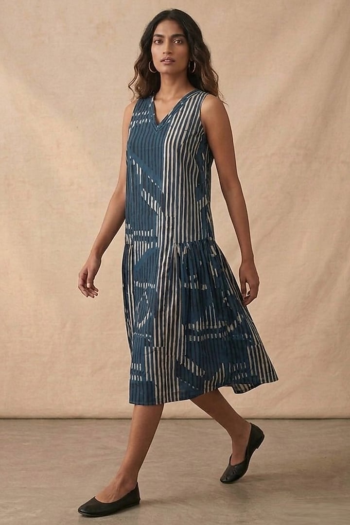 Blue Cotton Printed Summer Dress by Vedika M at Pernia's Pop Up Shop