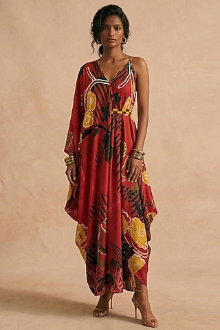 Red Cotton Satin Printed Dress  by Vedika M