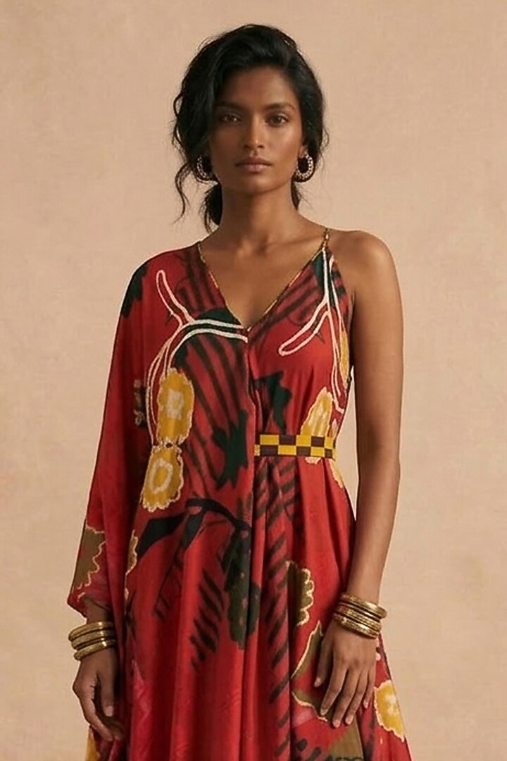Red Cotton Satin Printed Summer Dress by Vedika M at Pernia's Pop Up Shop