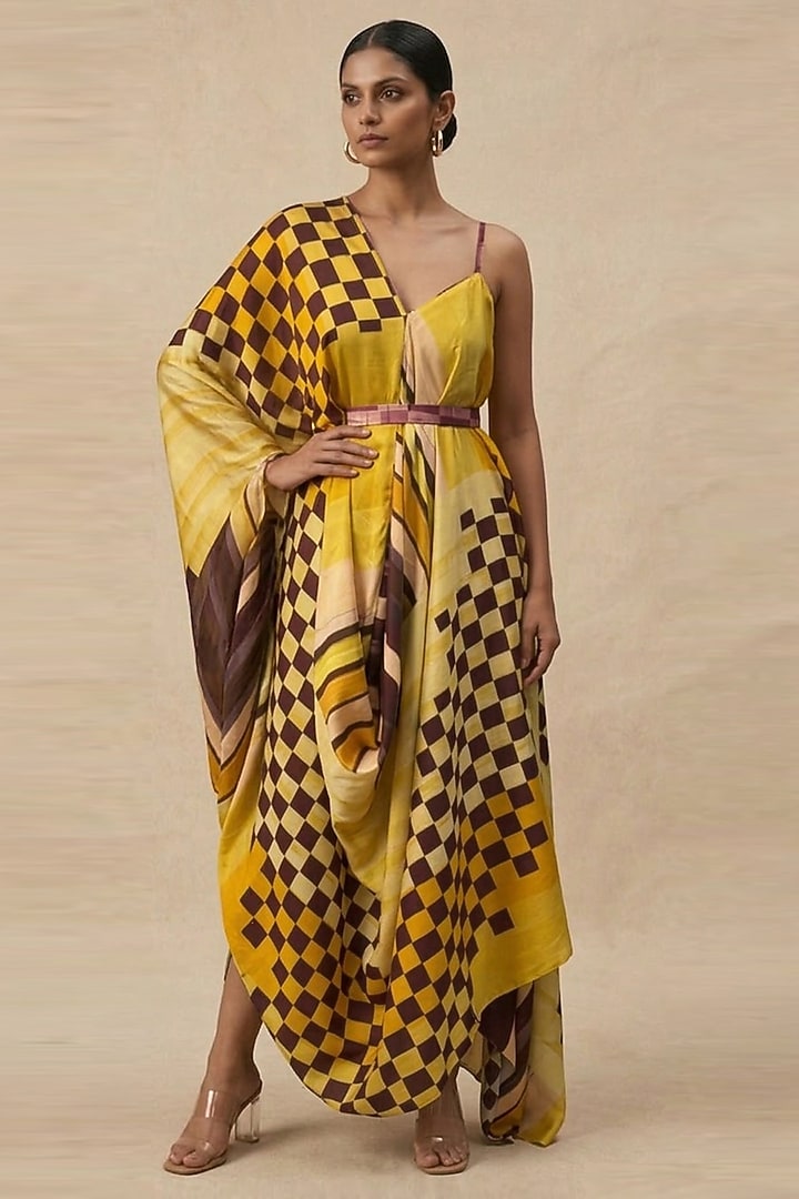 Yellow Cotton Satin Printed Summer Dress by Vedika M at Pernia's Pop Up Shop
