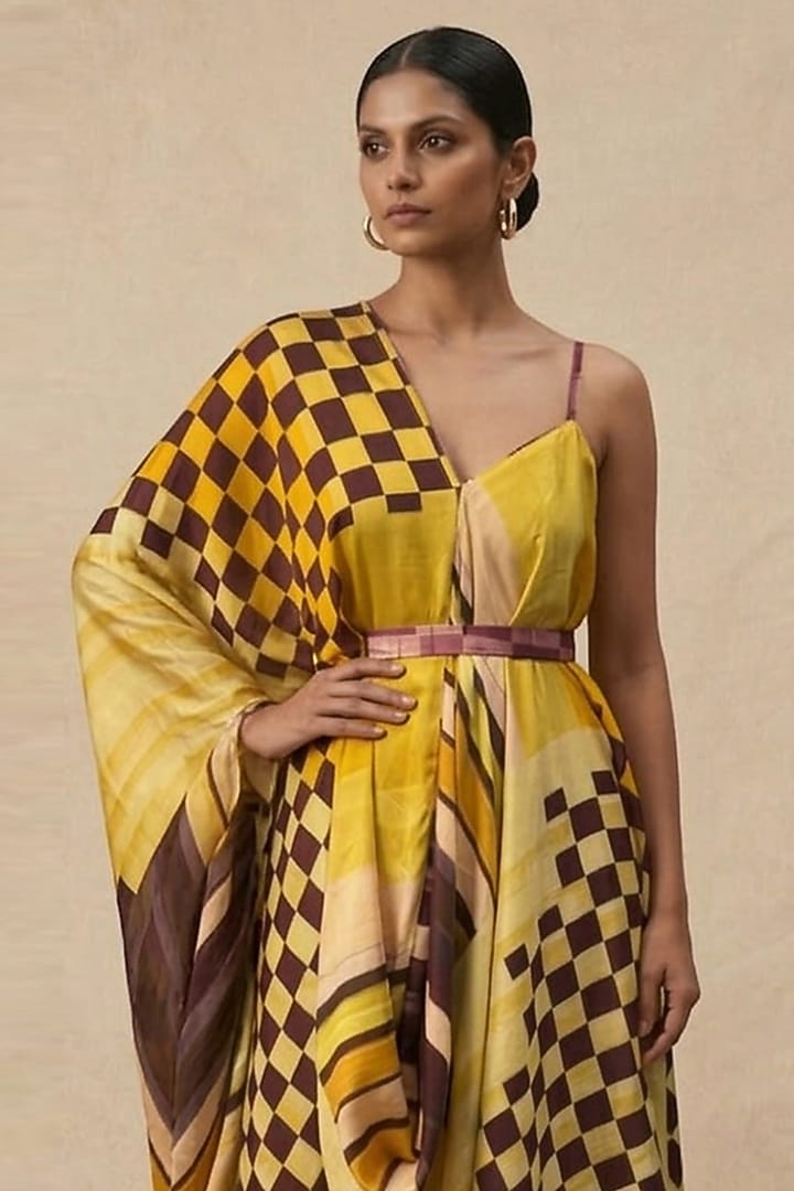 Yellow Cotton Satin Printed Summer Dress by Vedika M at Pernia's Pop Up Shop