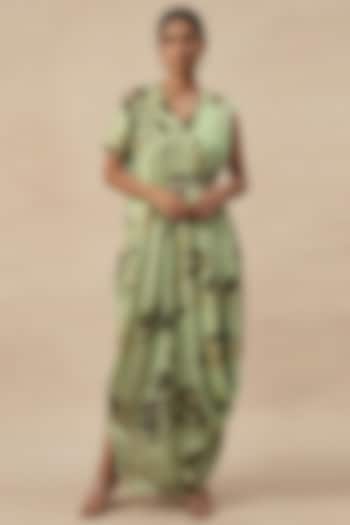 Green Cotton Satin Printed Summer Dress by Vedika M at Pernia's Pop Up Shop