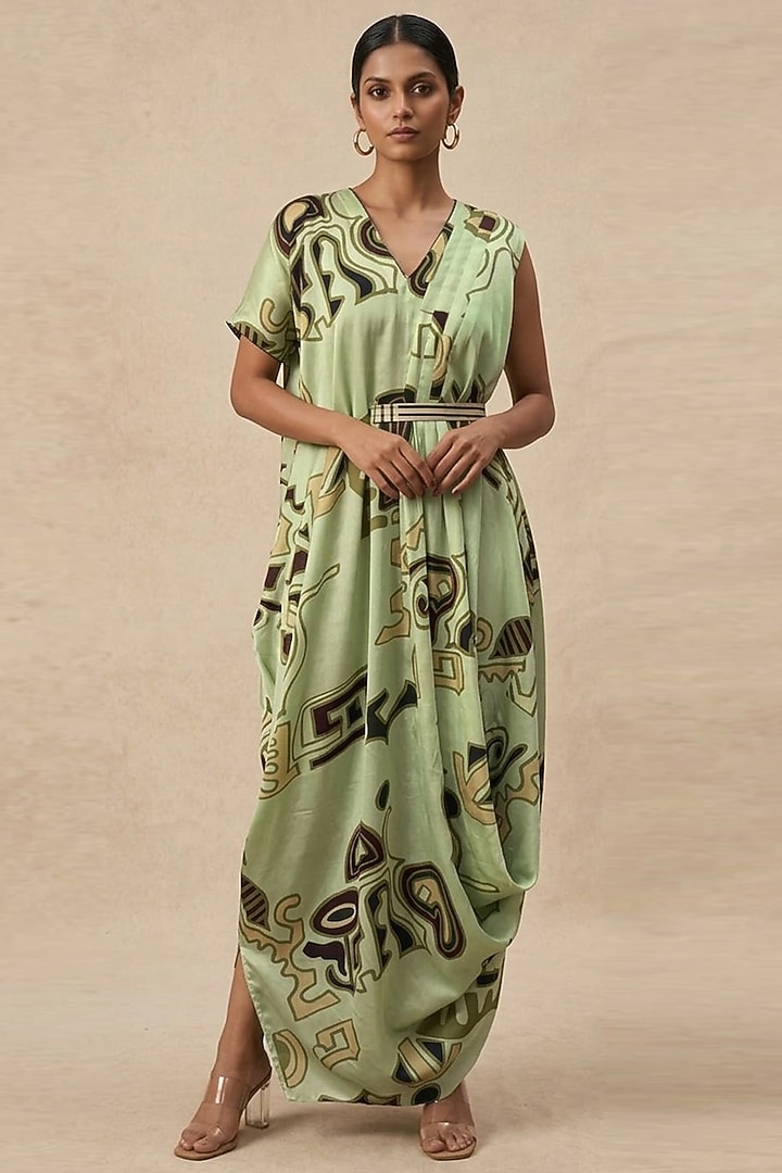 Green Cotton Satin Printed Summer Dress by Vedika M at Pernia's Pop Up Shop