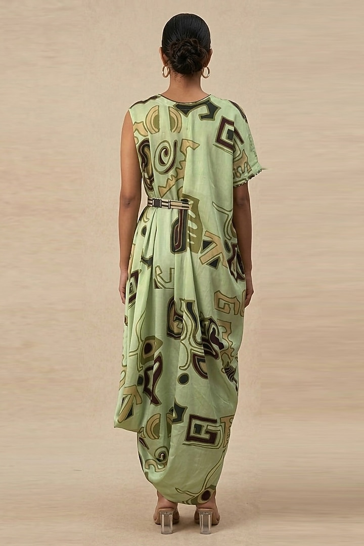 Green Cotton Satin Printed Summer Dress by Vedika M at Pernia's Pop Up Shop