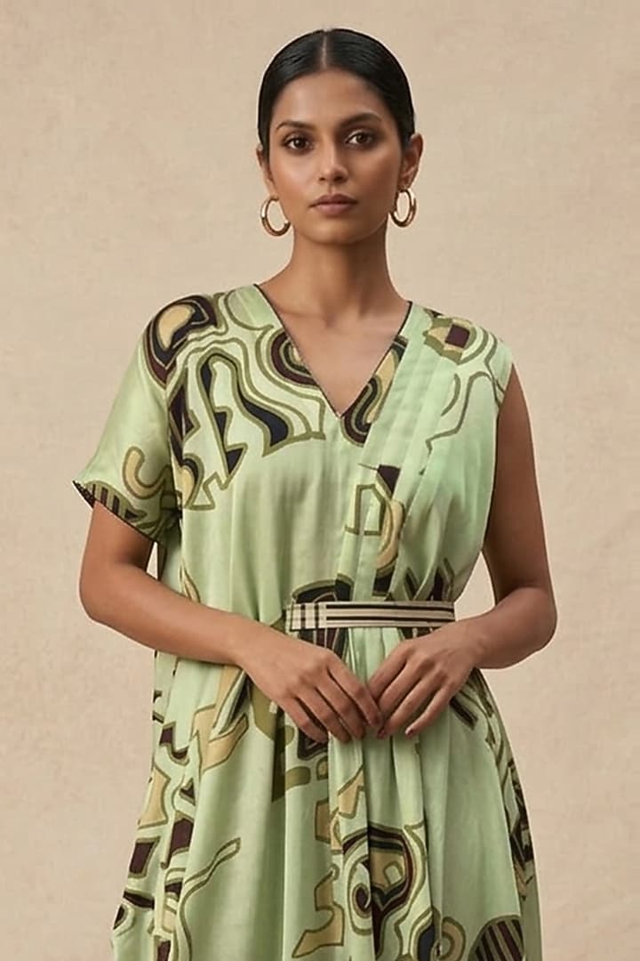 Green Cotton Satin Printed Summer Dress by Vedika M at Pernia's Pop Up Shop