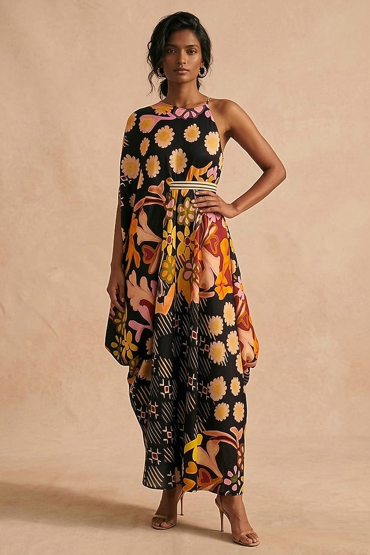 Black Cotton Satin Printed Summer Dress by Vedika M at Pernia's Pop Up Shop
