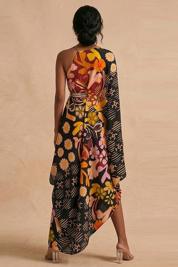 Black Cotton Satin Printed Summer Dress by Vedika M at Pernia's Pop Up Shop