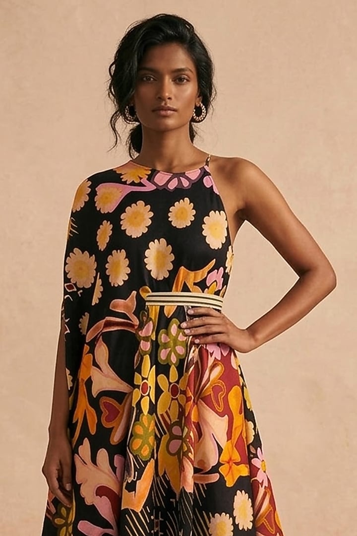 Black Cotton Satin Printed Summer Dress by Vedika M at Pernia's Pop Up Shop