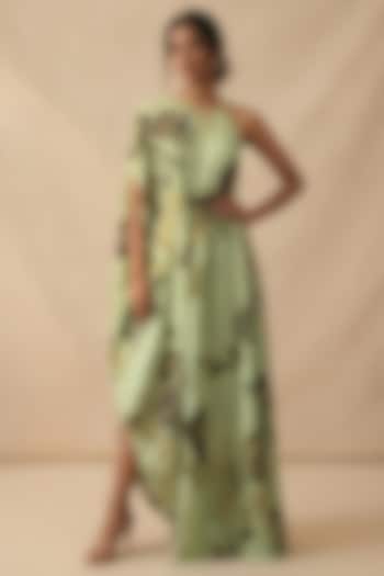 Green Cotton Satin Printed Summer Dress by Vedika M at Pernia's Pop Up Shop
