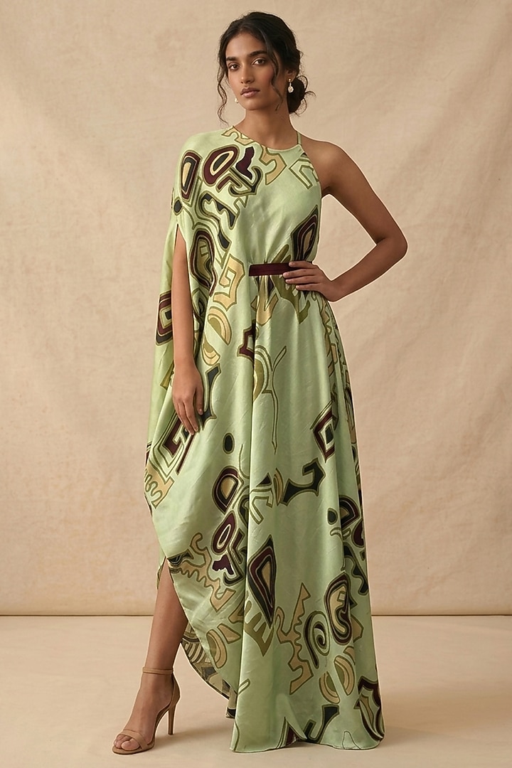 Green Cotton Satin Printed Summer Dress by Vedika M at Pernia's Pop Up Shop