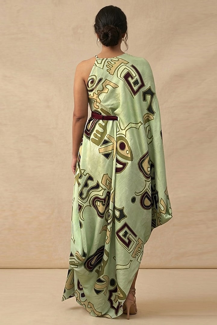 Green Cotton Satin Printed Summer Dress by Vedika M at Pernia's Pop Up Shop