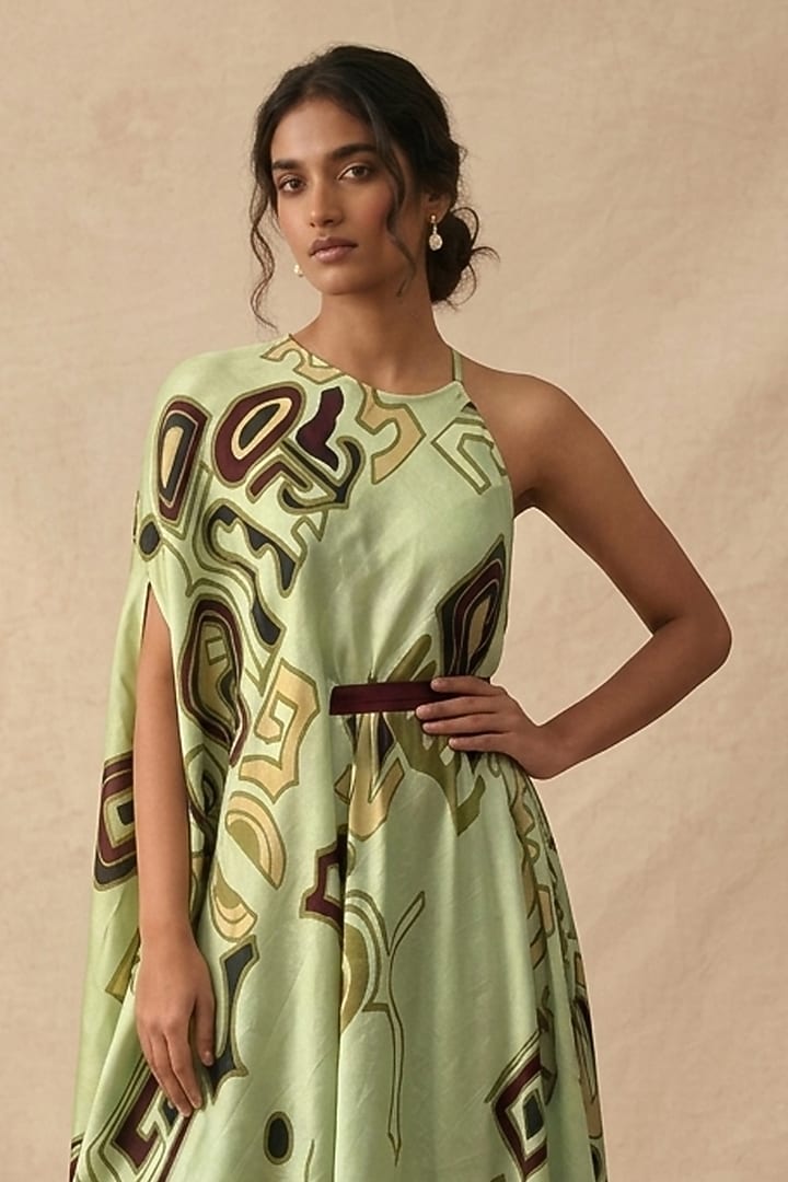 Green Cotton Satin Printed Summer Dress by Vedika M at Pernia's Pop Up Shop