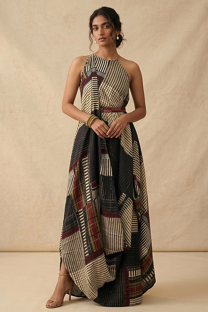 Black Cotton Satin Printed Summer Dress by Vedika M at Pernia's Pop Up Shop