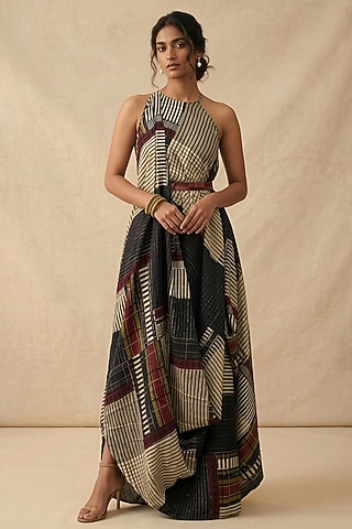 Black Cotton Satin Printed Dress by Vedika M