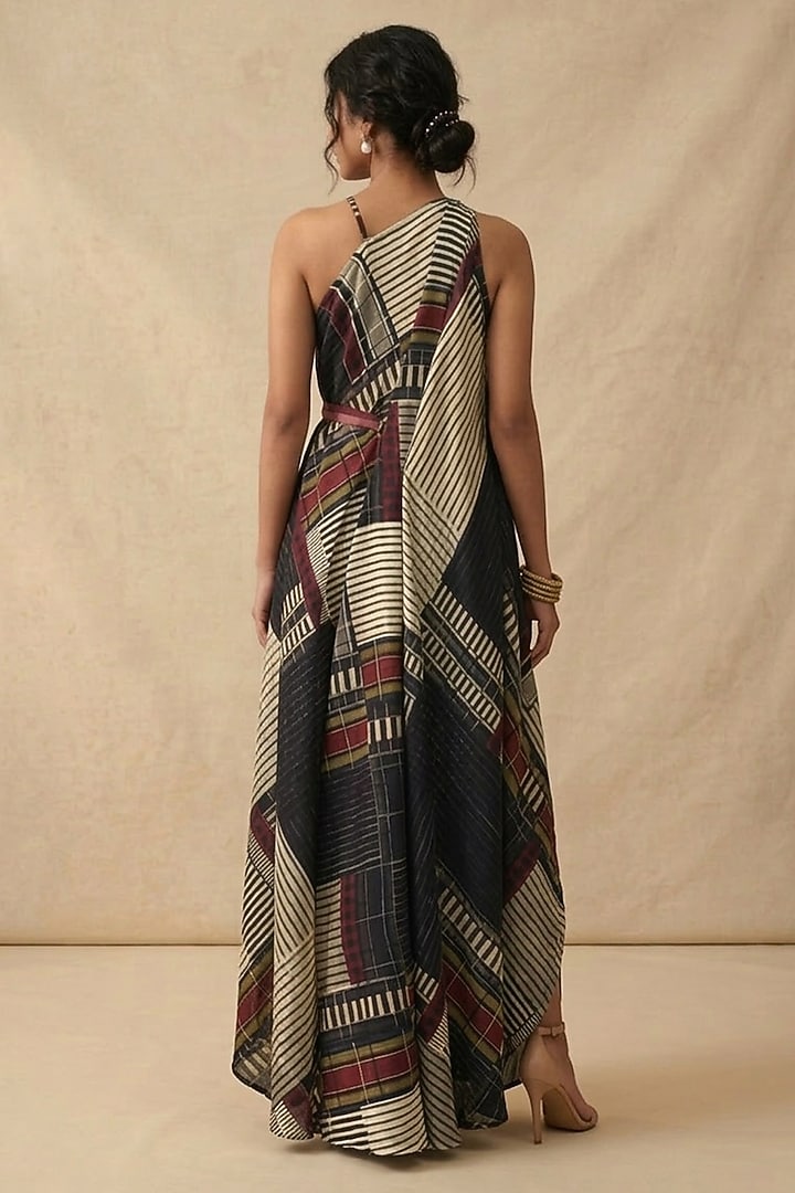 Black Cotton Satin Printed Summer Dress by Vedika M at Pernia's Pop Up Shop