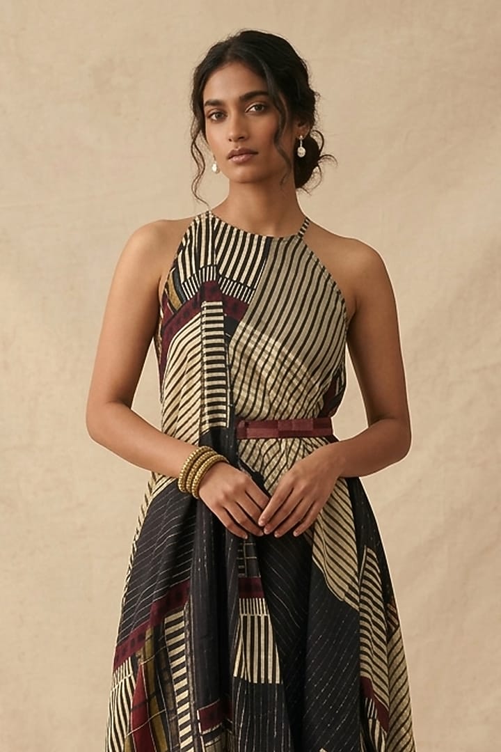 Black Cotton Satin Printed Summer Dress by Vedika M at Pernia's Pop Up Shop