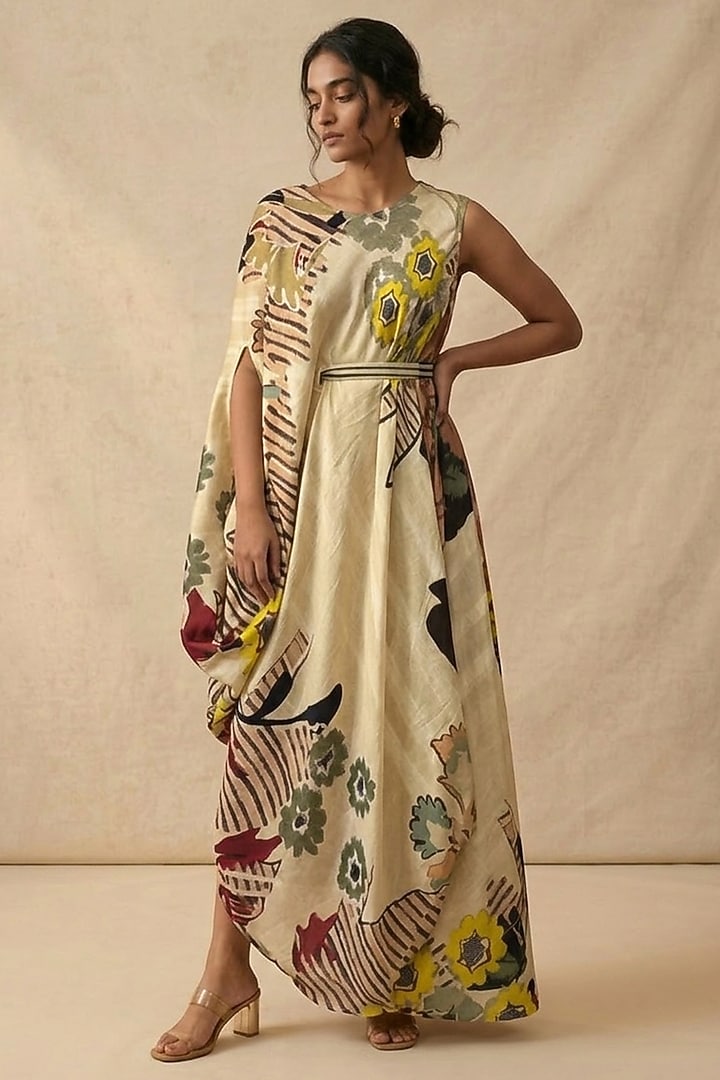 Green Cotton Satin Printed Summer Dress by Vedika M at Pernia's Pop Up Shop