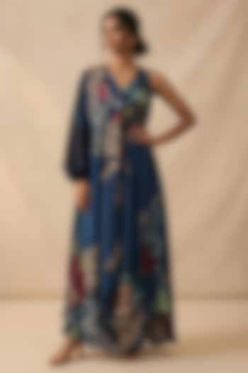 Blue Cotton Satin Printed Summer Dress by Vedika M at Pernia's Pop Up Shop