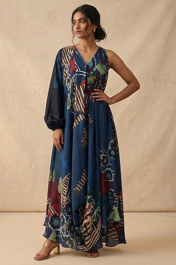 Blue Cotton Satin Printed Summer Dress by Vedika M at Pernia's Pop Up Shop