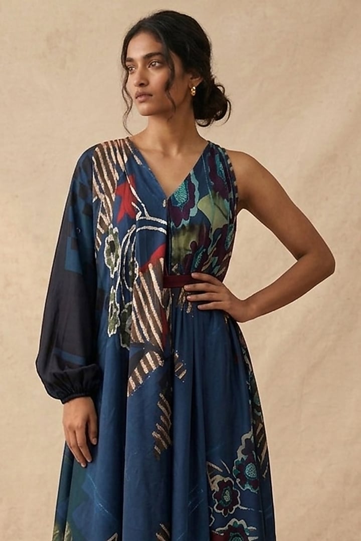 Blue Cotton Satin Printed Summer Dress by Vedika M at Pernia's Pop Up Shop