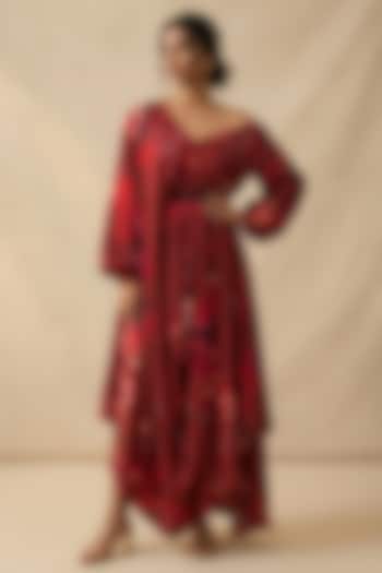 Red Cotton Satin Printed Summer Dress by Vedika M at Pernia's Pop Up Shop