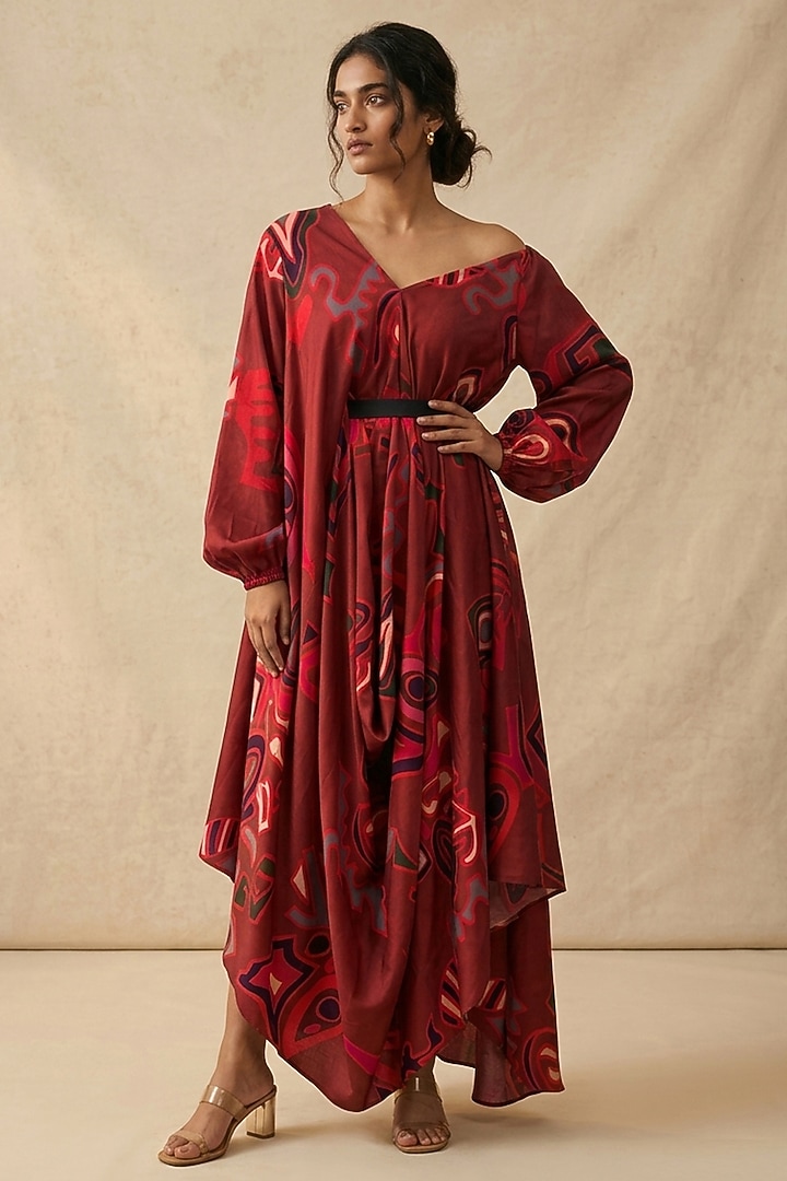 Red Cotton Satin Printed Summer Dress by Vedika M at Pernia's Pop Up Shop