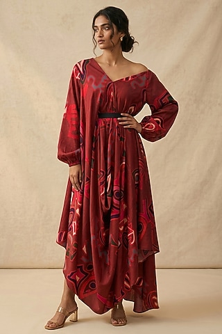 Red Cotton Satin Printed Dress  by Vedika M