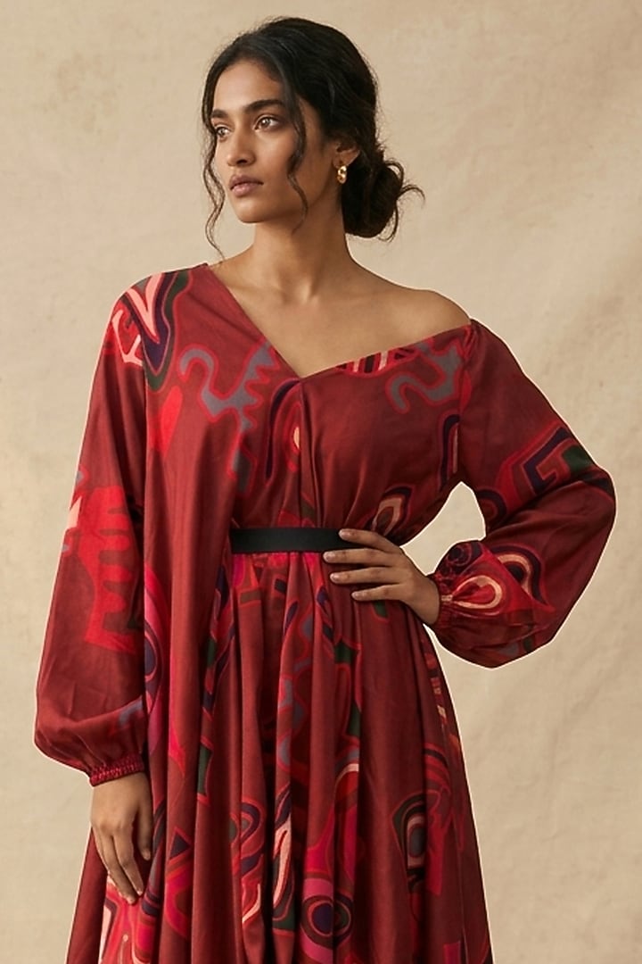 Red Cotton Satin Printed Summer Dress by Vedika M at Pernia's Pop Up Shop