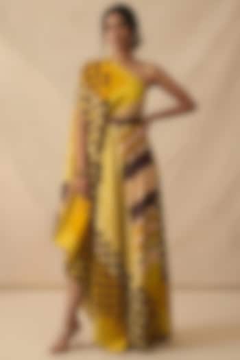 Yellow Cotton Satin Printed One-Shoulder Draped Summer Dress  by Vedika M at Pernia's Pop Up Shop