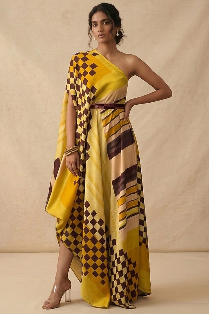 Yellow Cotton Satin Printed One-Shoulder Draped Summer Dress  by Vedika M at Pernia's Pop Up Shop