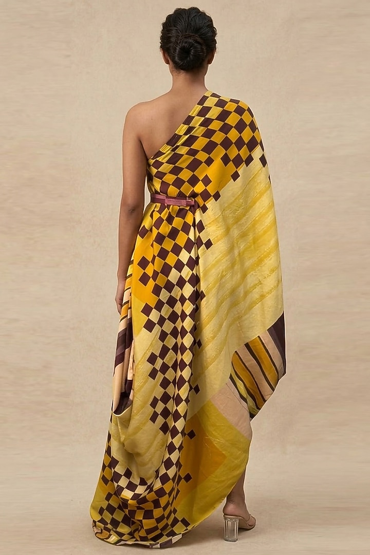 Yellow Cotton Satin Printed One-Shoulder Draped Summer Dress by Vedika M at Pernia's Pop Up Shop