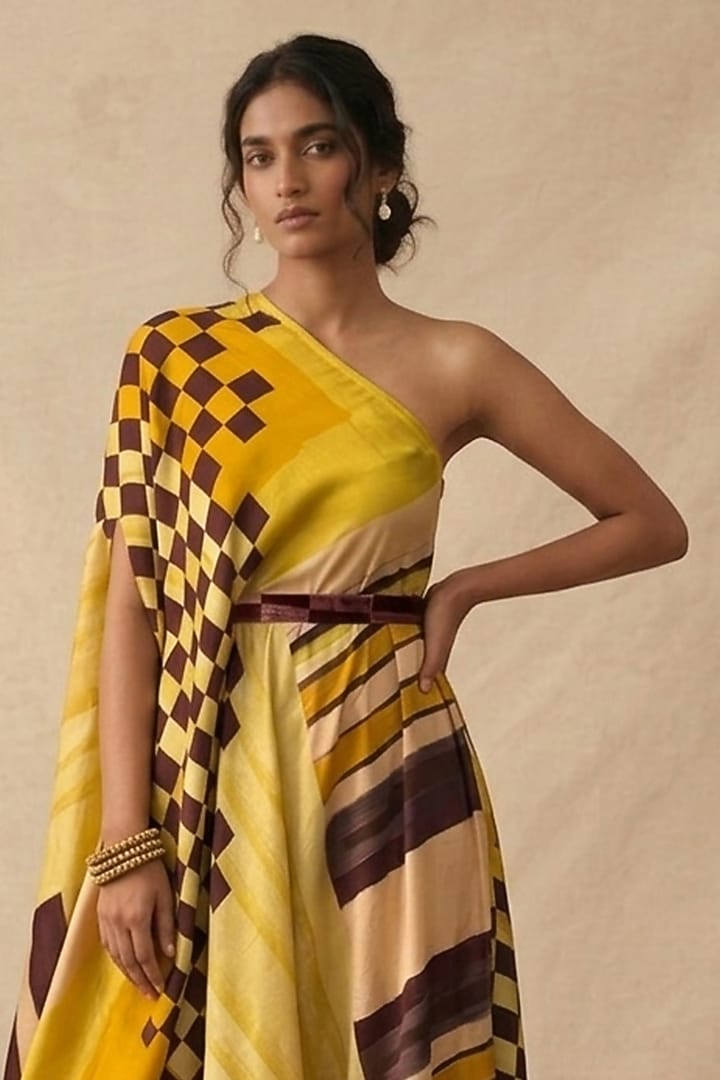 Yellow Cotton Satin Printed One-Shoulder Draped Summer Dress by Vedika M at Pernia's Pop Up Shop