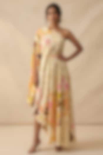 Beige Cotton Satin Printed One-Shoulder Draped Summer Dress by Vedika M at Pernia's Pop Up Shop