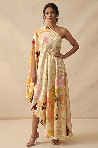 Beige Cotton Satin Printed One-Shoulder Draped Dress  by Vedika M