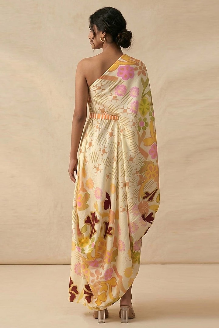 Beige Cotton Satin Printed One-Shoulder Draped Summer Dress by Vedika M at Pernia's Pop Up Shop
