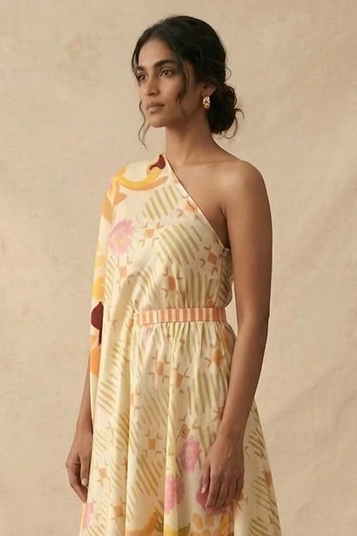 Beige Cotton Satin Printed One-Shoulder Draped Summer Dress by Vedika M at Pernia's Pop Up Shop