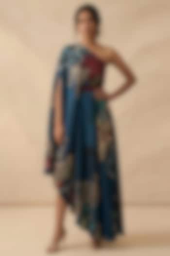Blue Cotton Satin Printed One-Shoulder Draped Summer Dress  by Vedika M at Pernia's Pop Up Shop