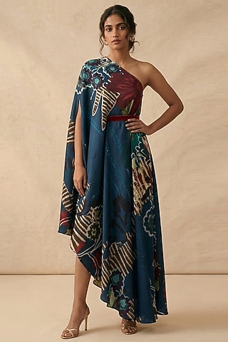 Blue Cotton Satin Printed One-Shoulder Draped Dress  by Vedika M
