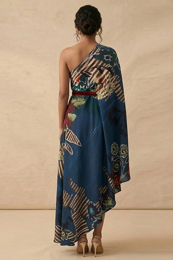 Blue Cotton Satin Printed One-Shoulder Draped Summer Dress by Vedika M at Pernia's Pop Up Shop