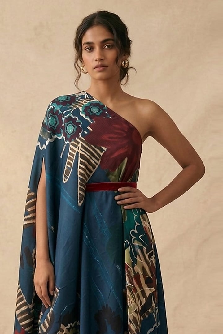 Blue Cotton Satin Printed One-Shoulder Draped Summer Dress by Vedika M at Pernia's Pop Up Shop