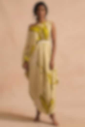 Green Cotton Satin Printed Drop-Shoulder Draped Summer Dress by Vedika M at Pernia's Pop Up Shop