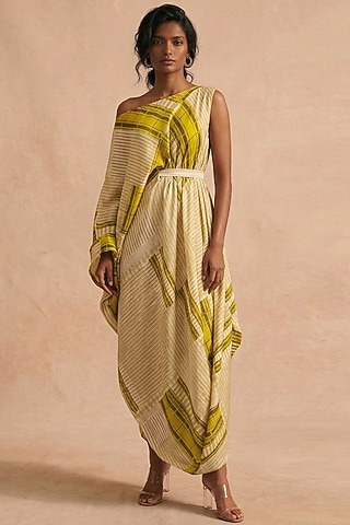 Green Cotton Satin Printed Drop-Shoulder Draped Dress  by Vedika M