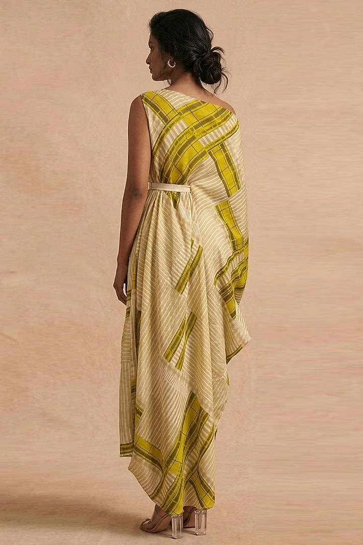 Green Cotton Satin Printed Drop-Shoulder Draped Summer Dress  by Vedika M at Pernia's Pop Up Shop
