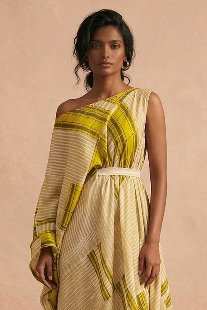 Green Cotton Satin Printed Drop-Shoulder Draped Summer Dress  by Vedika M at Pernia's Pop Up Shop