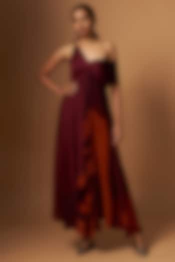 Maroon Satin Abstract Printed One-Shoulder Draped Vacation Dress by Vedika M at Pernia's Pop Up Shop