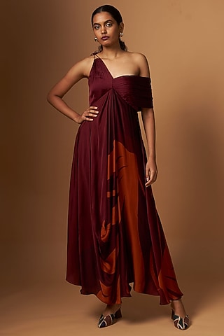 Maroon Satin Abstract Printed One-Shoulder Draped Dress by Vedika M