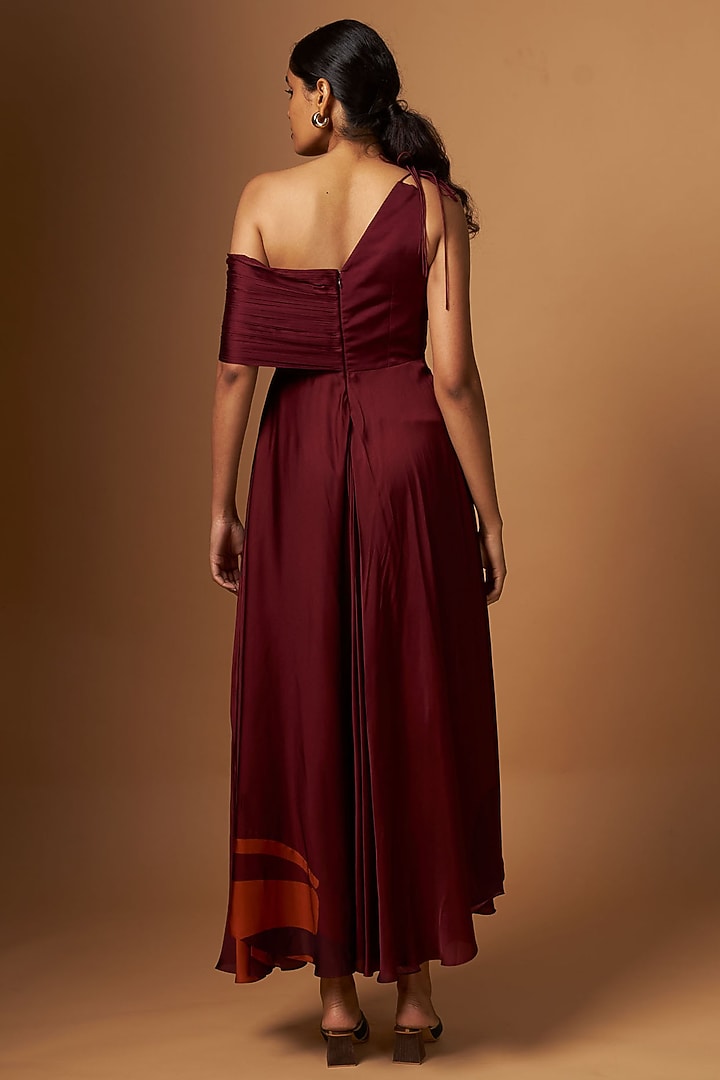Maroon Satin Abstract Printed One-Shoulder Draped Vacation Dress by Vedika M at Pernia's Pop Up Shop