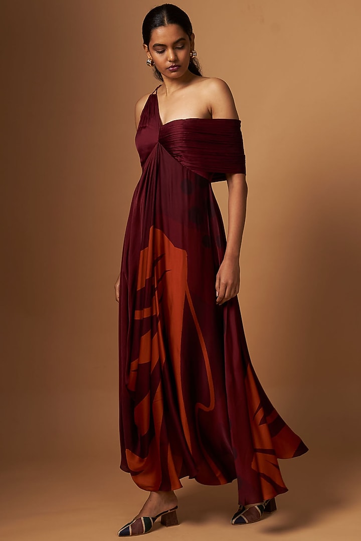 Maroon Satin Abstract Printed One-Shoulder Draped Vacation Dress by Vedika M at Pernia's Pop Up Shop